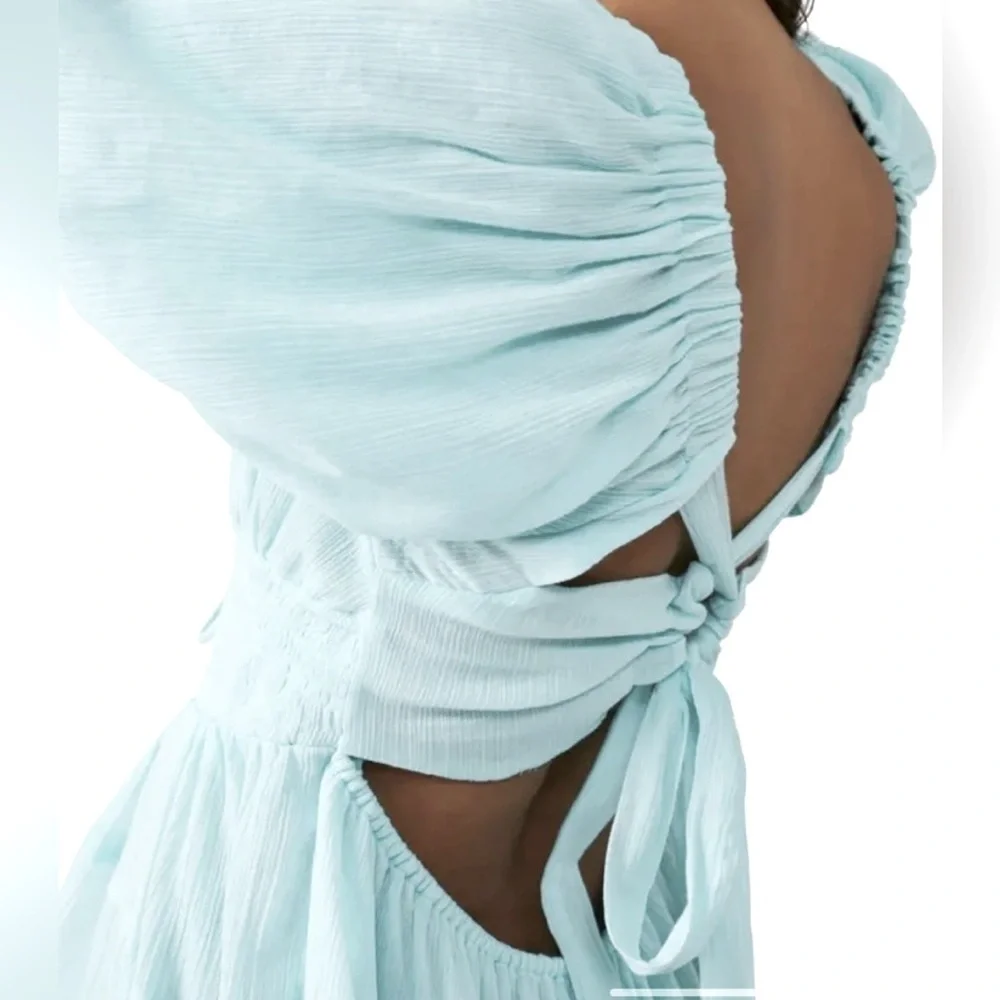 FREE PEOPLE Perfect Day Balloon Sleeve A-line Mini Dress w Lace Up Tie Back